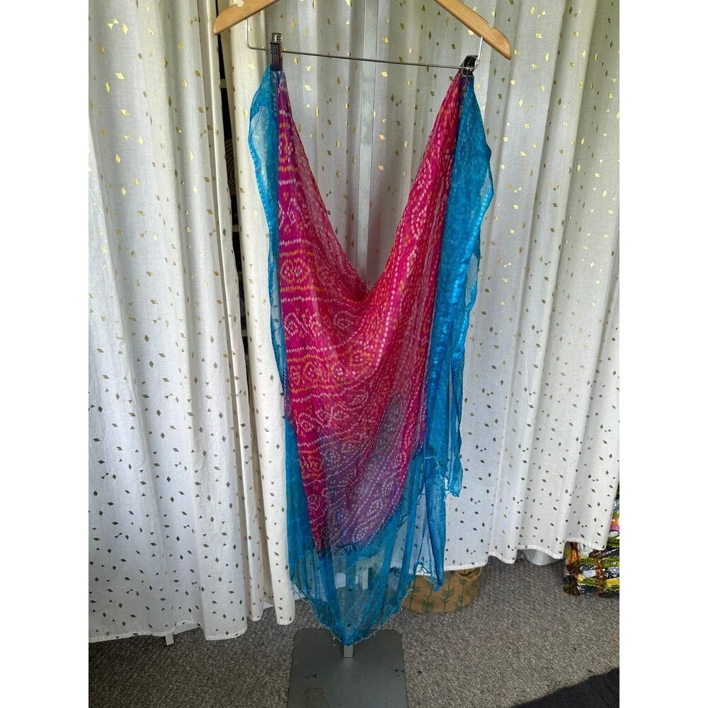 Unbranded Silky Sheer Bright Watercolor Ombre Beaded Trim Blue Pink Scarf Shawl